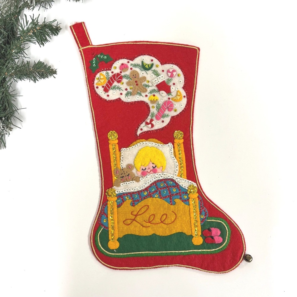 Vintage Christmas Stocking Felt with Sequins Bucilla Sugar Plum Dreams